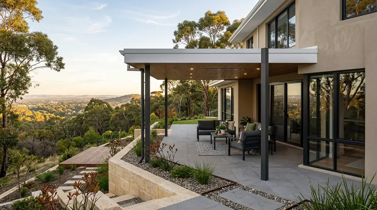 Flat-roof patio on a terraced Roleystone block above the scarp, posts stepping down the cut and fill beside a retaining wall with jarrah behind