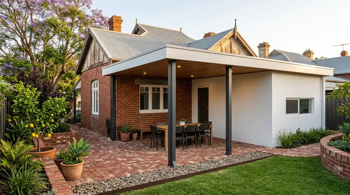 A modern flat roof patio at the rear of a 1920s brick and iron cottage in Bassendean, the plain horizontal roof plane set back from the original roofline