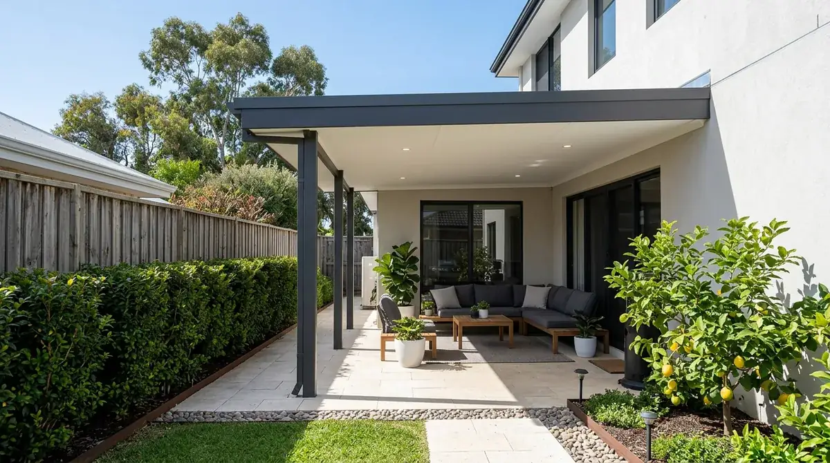 A flat roof patio over a paved area behind a rendered home in Bayswater, the low flat roofline cutting the sightline from a two-storey house next door
