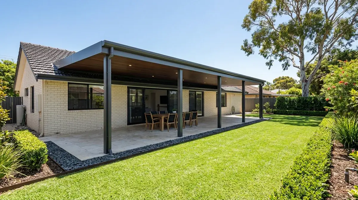A flat Colorbond patio roof running the full width of a 1970s brick-and-tile home in Willetton, with deep lawn behind it.