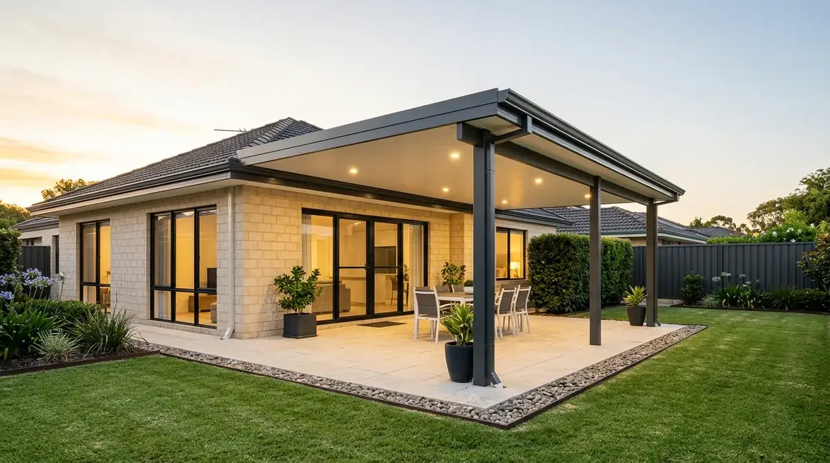 A flat Colorbond roof extending out from the existing alfresco of a 1990s Canning Vale project home, Colorbond fencing on three sides.