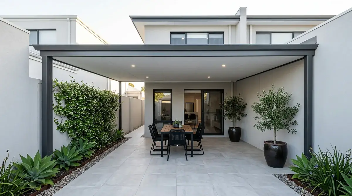 A low flat patio roof over a paved courtyard behind a Cannington grouped dwelling, set just under the top of the boundary wall.