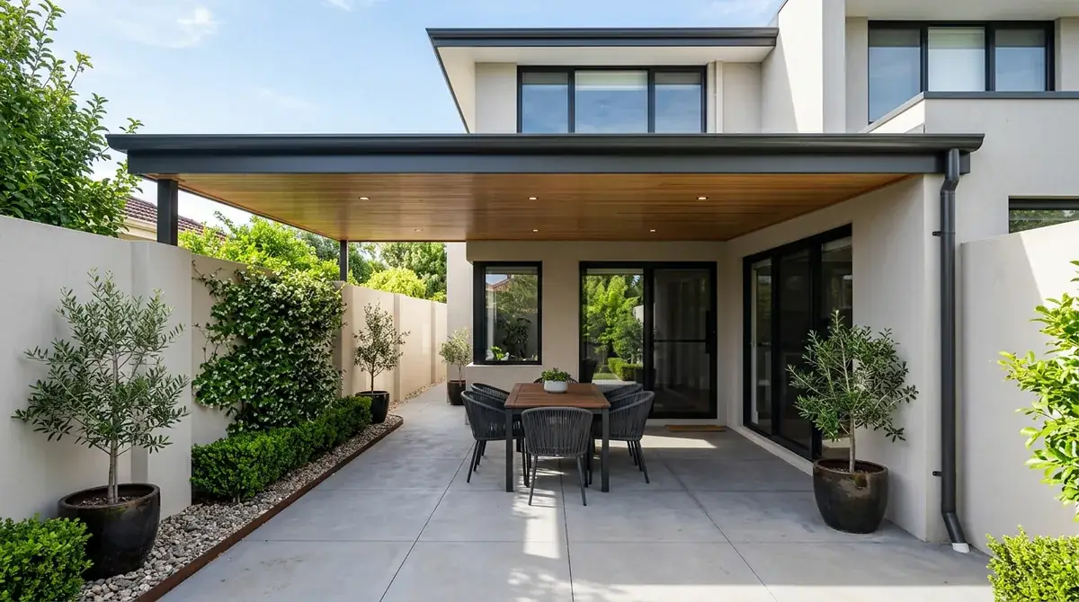 A flat patio roof spanning a narrow Claremont townhouse courtyard wall to wall, with no post standing in the middle of the paving