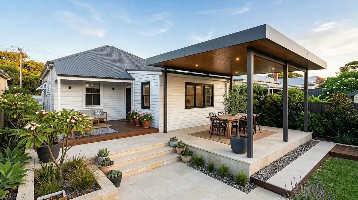 A flat-roof patio standing on its own posts behind a weatherboard East Fremantle house, stepping down a back yard that falls away toward the Swan