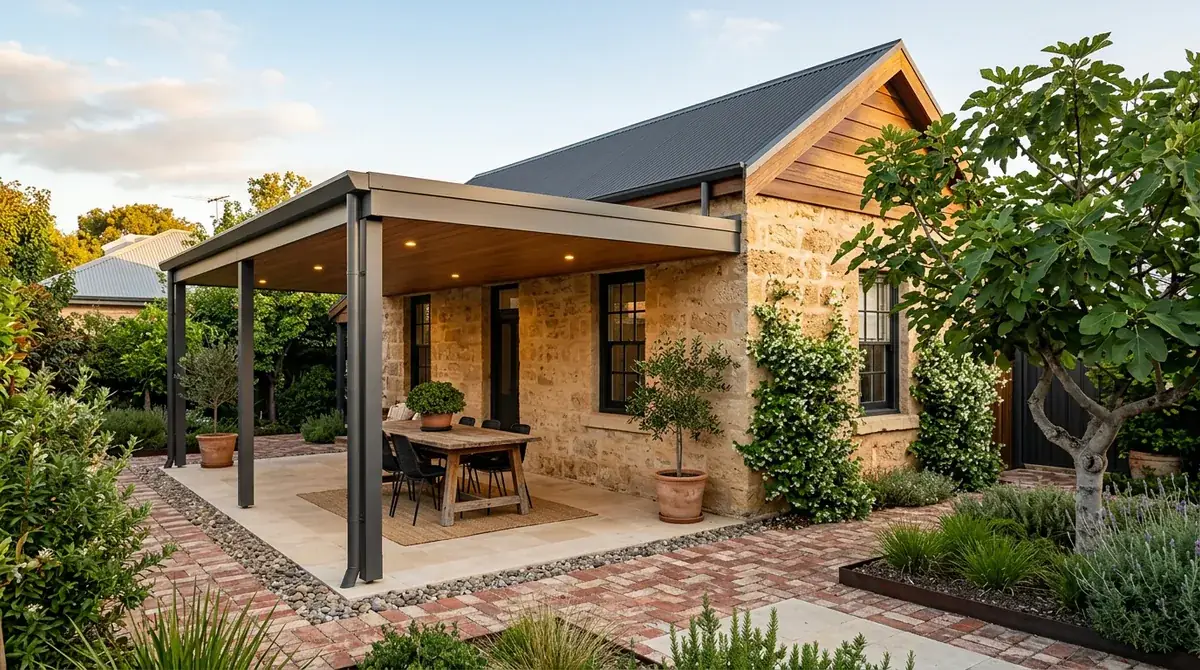 A flat Colorbond patio roof set low behind a limestone Fremantle cottage, its horizontal line sitting clear of the old corrugated iron roof above