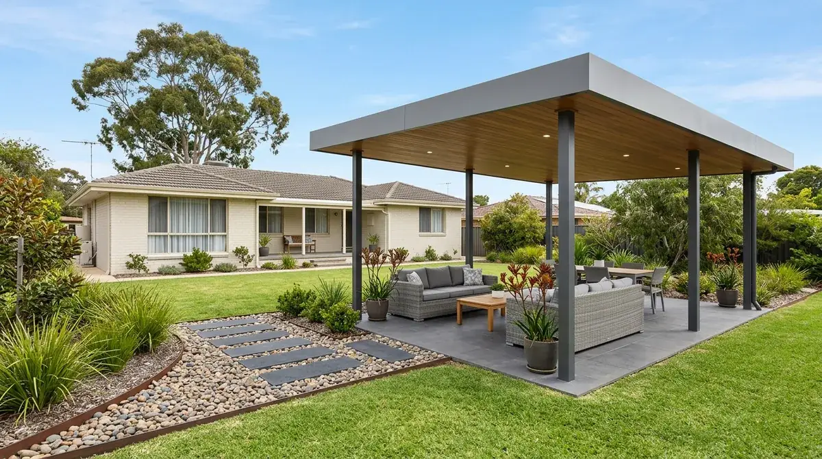 A freestanding flat patio roof standing clear of a 1950s Medina brick house, set out in the large rear yard away from the low fascia.
