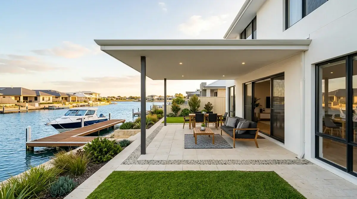 A flat patio roof between a Mandurah canal home and its jetty, the slim roof edge keeping the water view open from inside the house