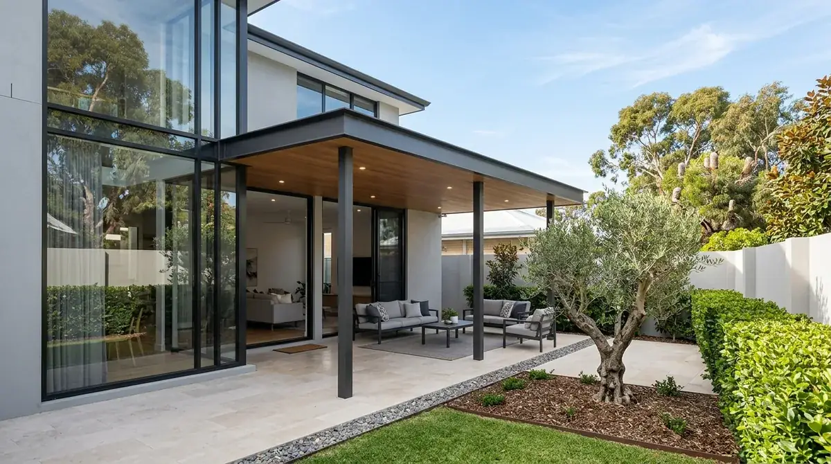 A flat patio roof on an Attadale block, its horizontal line set between a glazed rear wall and the neighbouring two-storey rebuild looking down on it.