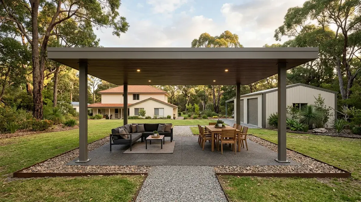 Freestanding flat-roof patio set away from the house on an acre block at Mundaring, roof colour matched to the existing steel shed with jarrah bush and a gravel drive behind