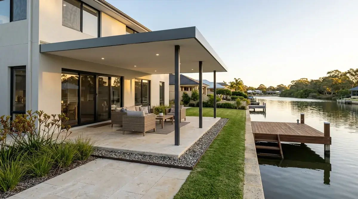 A flat patio roof on a South Yunderup canal block, a thin horizontal line held above the water outlook at the bottom of the garden.
