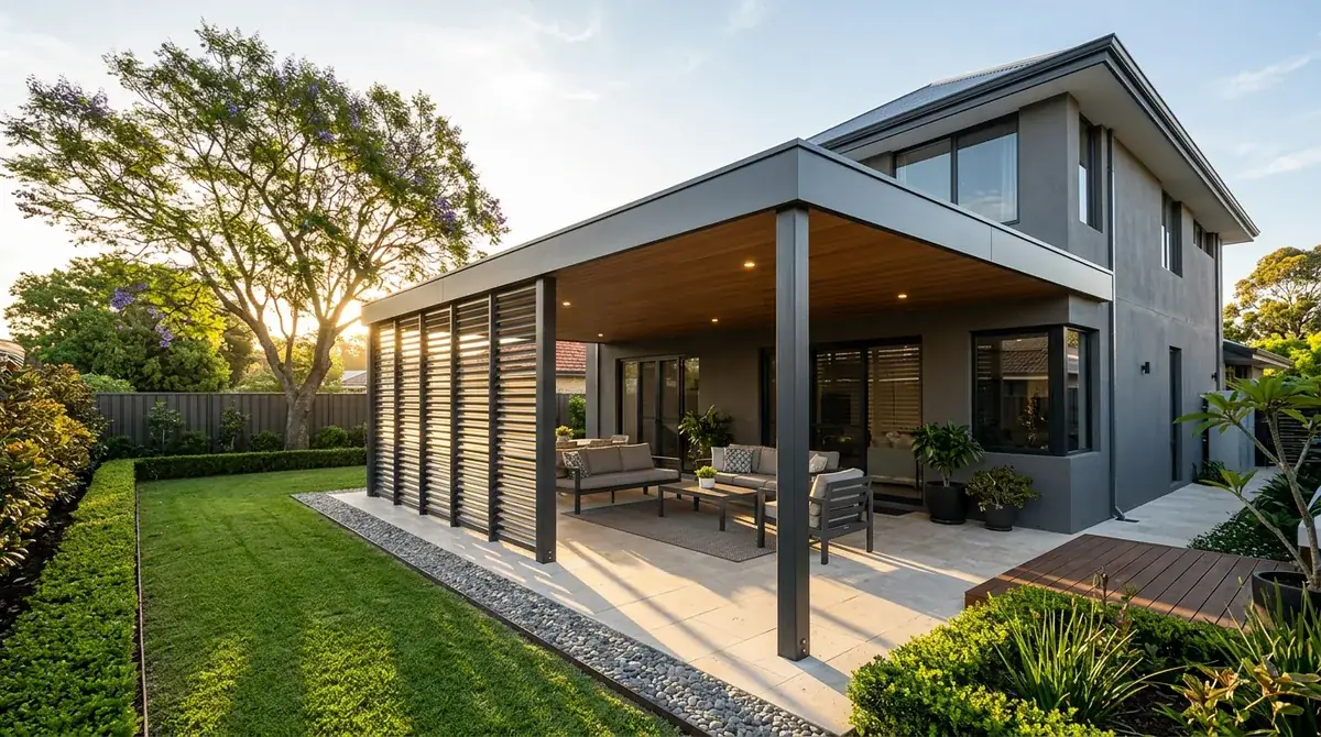 A flat patio roof over a west-facing Nedlands back yard, fixed blades at the outer edge cutting the low afternoon sun