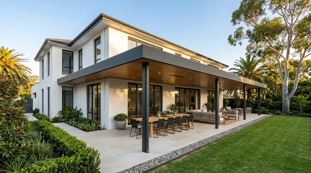 A long flat patio roof running most of the rear elevation of a large Peppermint Grove house, mature garden trees crowding in over the boundary