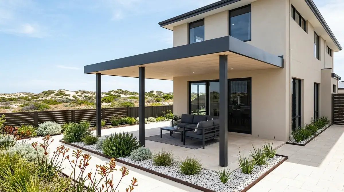 A flat patio roof behind a two-storey Port Kennedy home, fixed to the ground-floor wall, with dune and reserve running away toward Warnbro Sound.