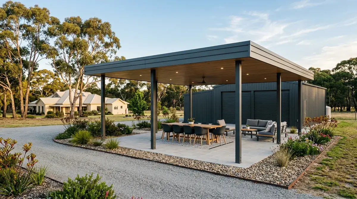 A large freestanding flat patio roof on a rural block near Mundijong, squared to an existing Colorbond shed with open paddock behind it.