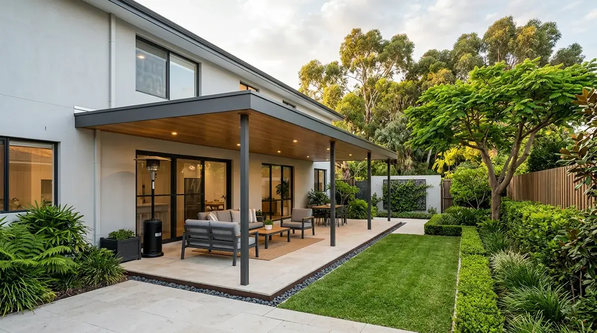 A flat roof patio at the rear of a postwar brick home in South Perth, the slim flat roofline kept low so the outlook stays open above a paved terrace