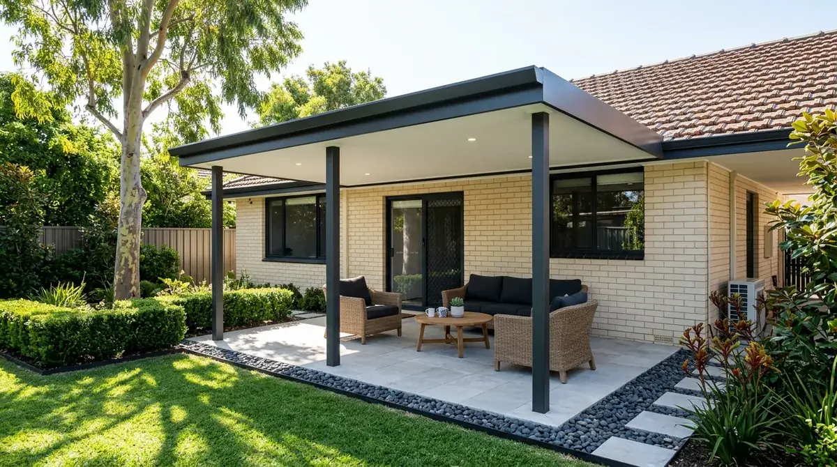 A flat roof patio behind a 1960s brick and tile home in the City of Stirling, the low flat roofline set clear of the existing gutter over a paved courtyard
