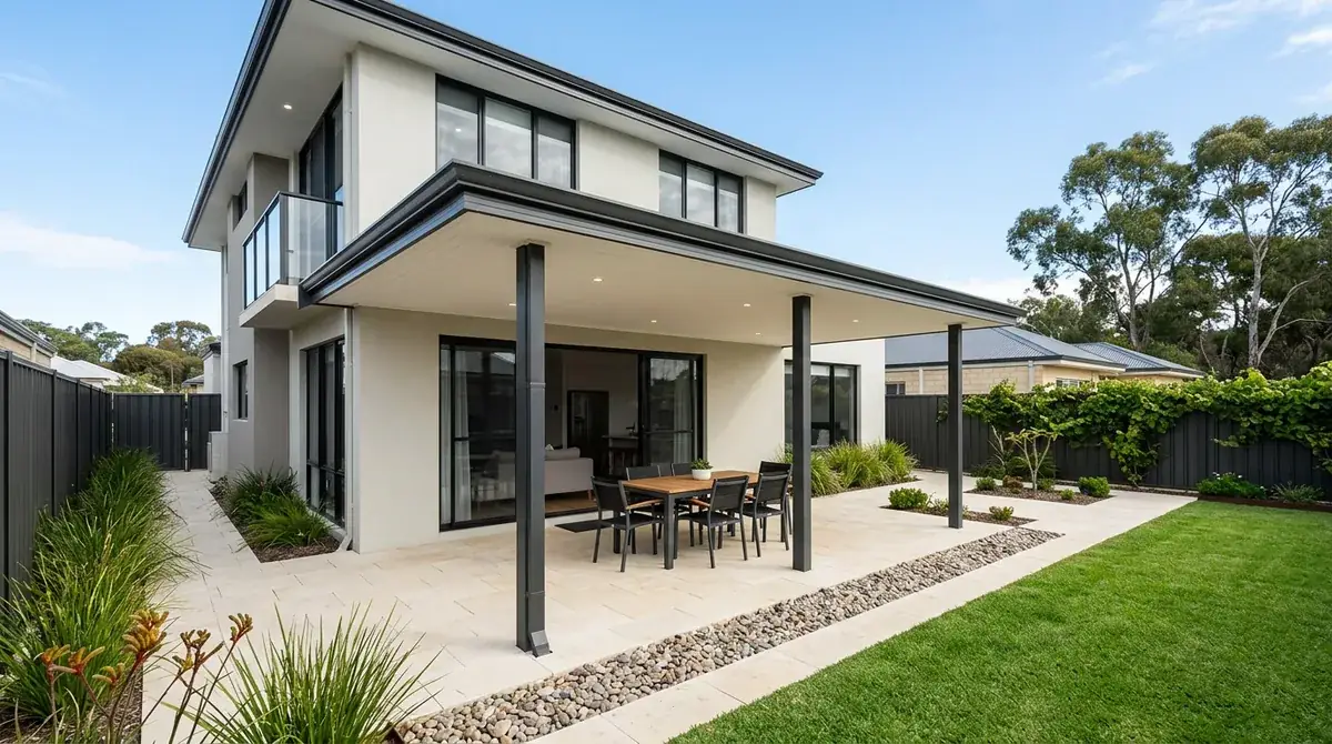 Flat-roof patio behind a two-storey project home on an Ellenbrook estate lot, fixed into the ground-floor wall with low fencing and young trees around it