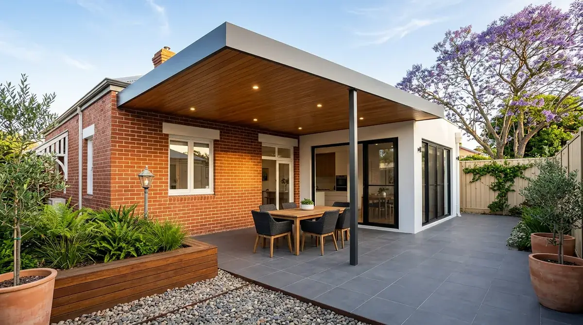 A flat roof patio over a paved rear courtyard in Victoria Park, the low flat roofline running off a brick cottage with the fall carried to a single gutter