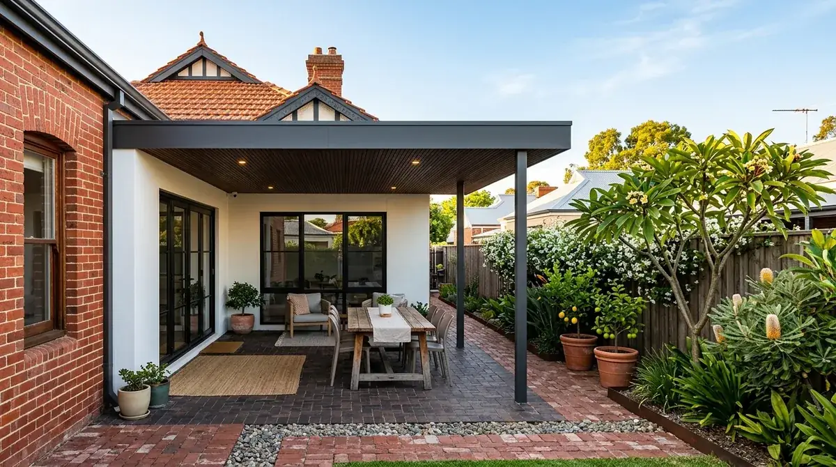 A flat roof patio at the rear of a Federation cottage in the City of Vincent, the modern flat roofline set back from the original roof over a narrow paved yard