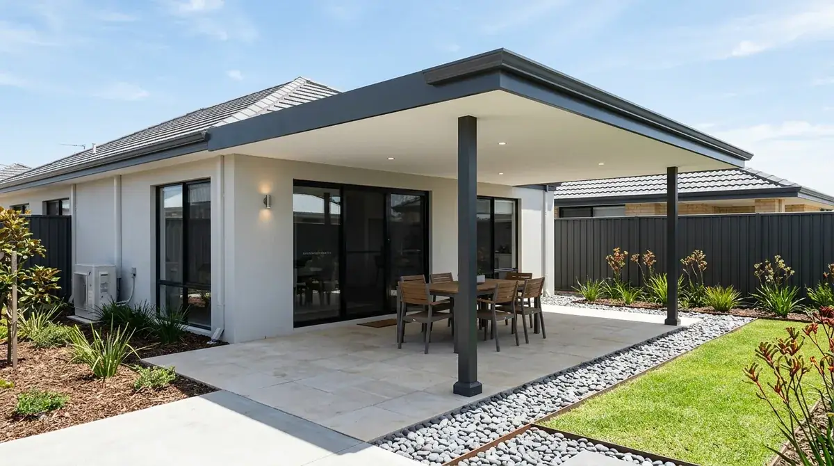 A flat roof patio extending out from a project home alfresco in Wanneroo, the new flat roofline running level with the existing one over a paved courtyard