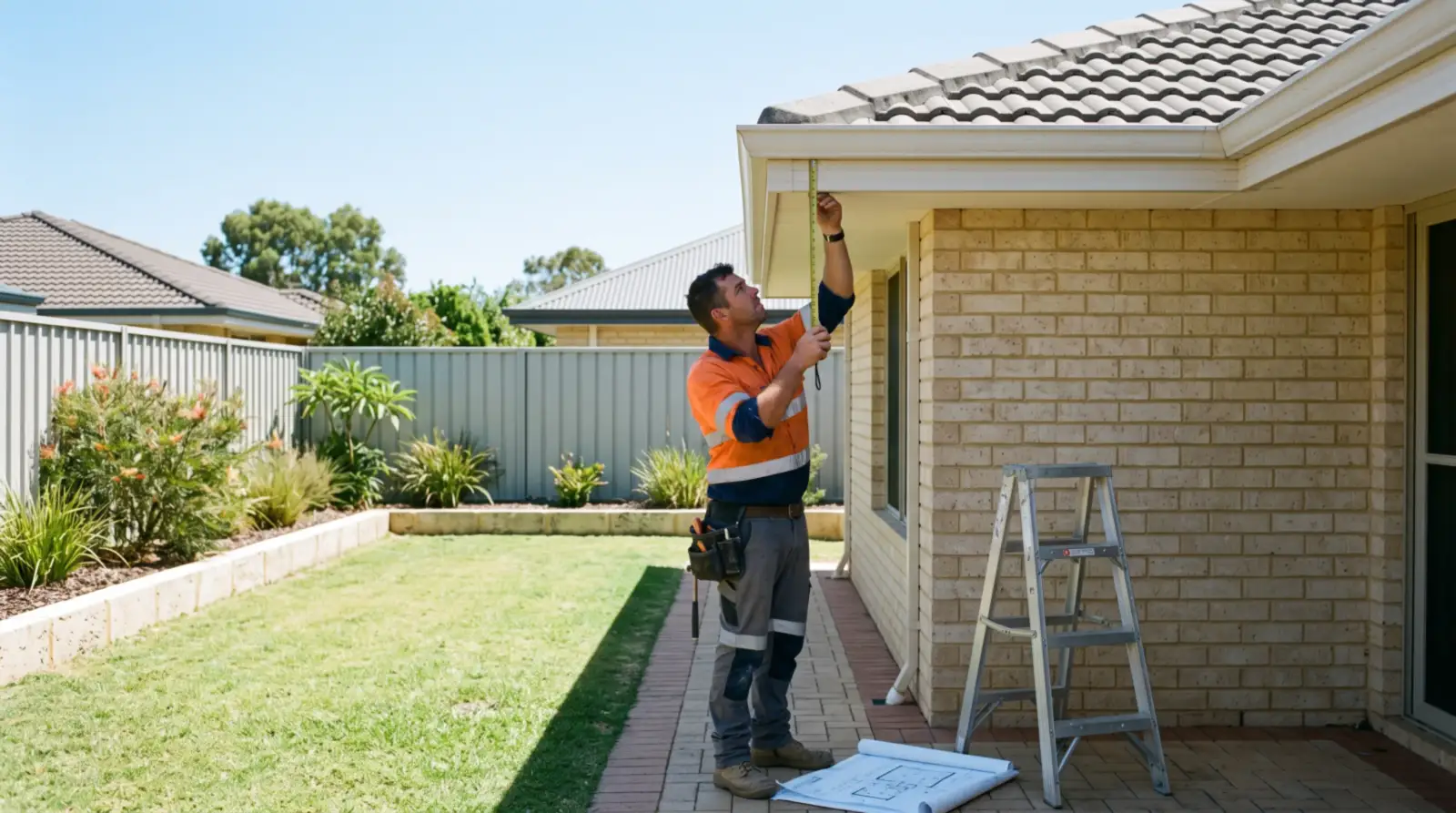 A builder holding a tape measure against the fascia of a Perth house while setting out a new flat patio