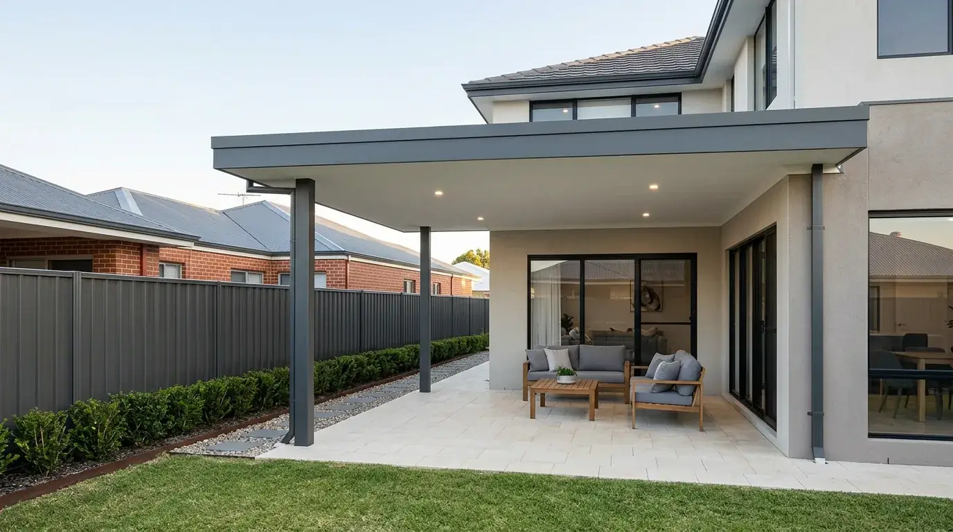 A finished flat patio on a Perth home seen side on, the setback between its outer posts and the boundary fence clearly visible