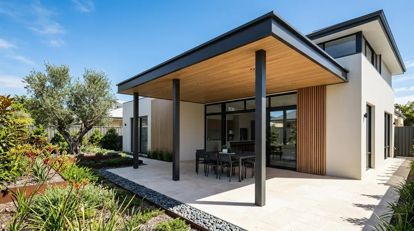 A slim dark Colorbond flat patio roofline across the rear of a rendered Perth home, square steel posts, concealed fixings and a lined ceiling with recessed downlights