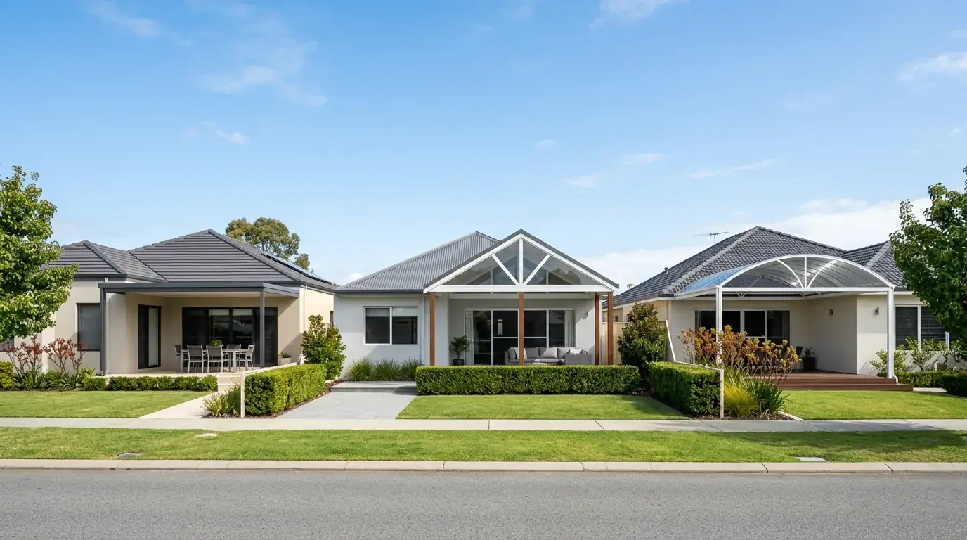 Three neighbouring Perth homes side by side, one with a flat patio roof, one with a pitched gable and one with a curved dome, so the profiles can be compared