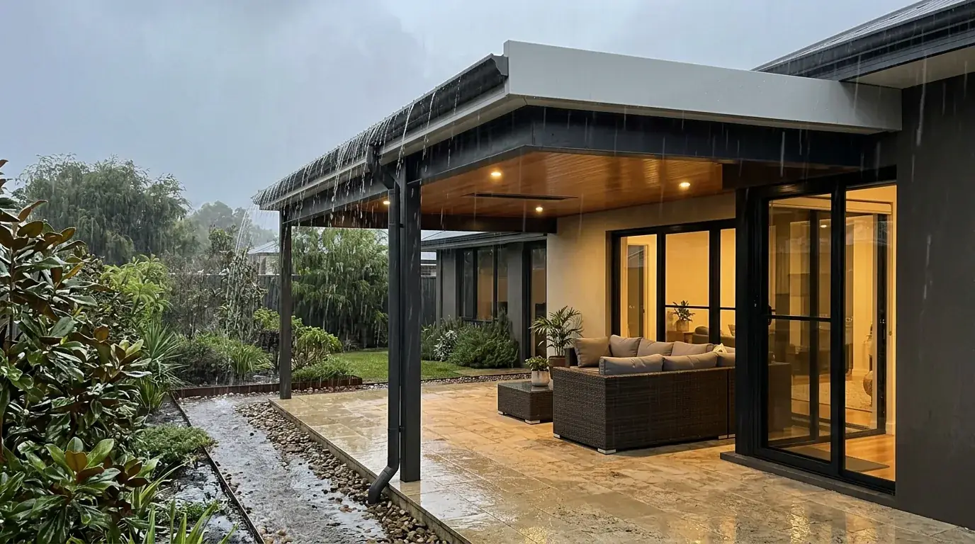 Rain sheeting off the low edge of a flat patio roof into a deep gutter and downpipe on a Perth home, the lounge underneath completely dry