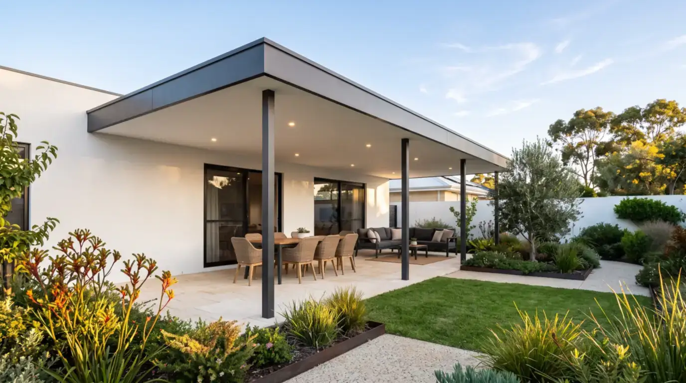 A flat charcoal Colorbond patio roof with glowing downlights on a white rendered Perth home, square posts on limestone paving and native garden beds in late afternoon light