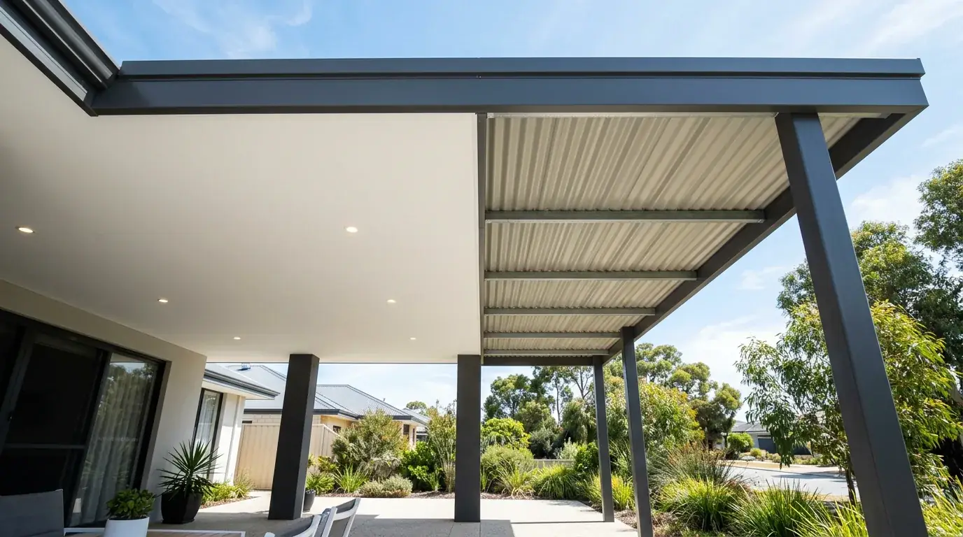The underside of a flat patio where the ceiling changes halfway across, smooth white insulated panel on one side and ribbed single skin Colorbond with exposed purlins on the other