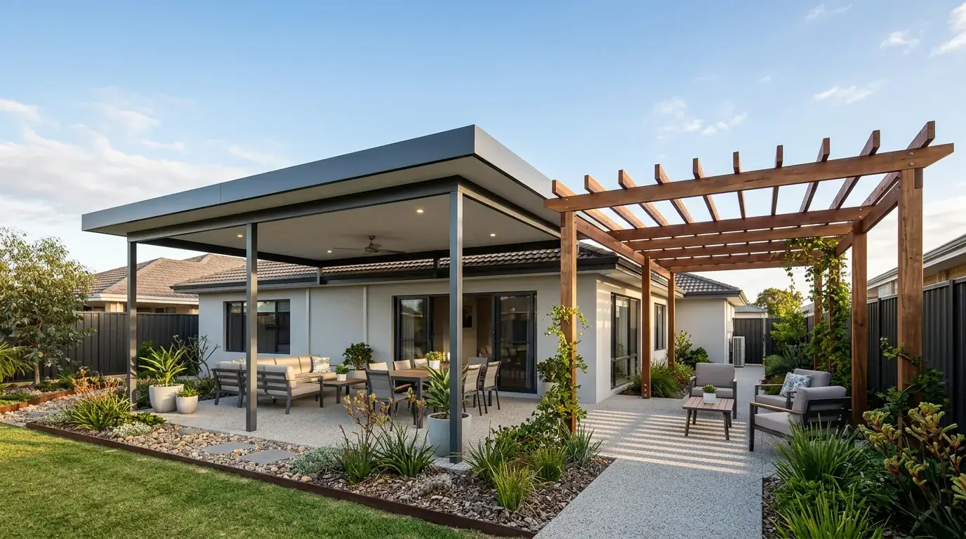 A Perth backyard where a roofed flat patio against the house meets an open timber pergola over the paving beyond it