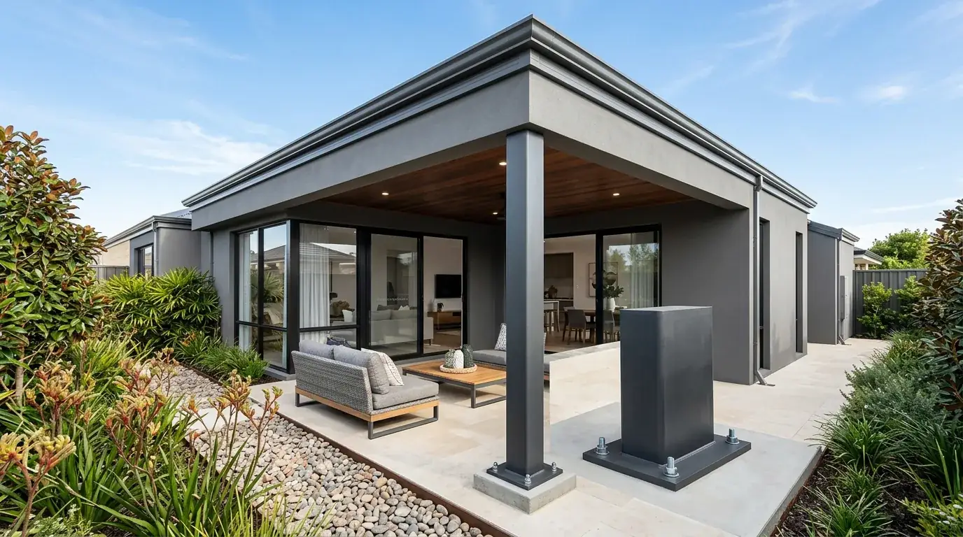 A finished flat patio on a Perth home, one square steel post standing on a neatly finished footing pad set flush in the limestone paving