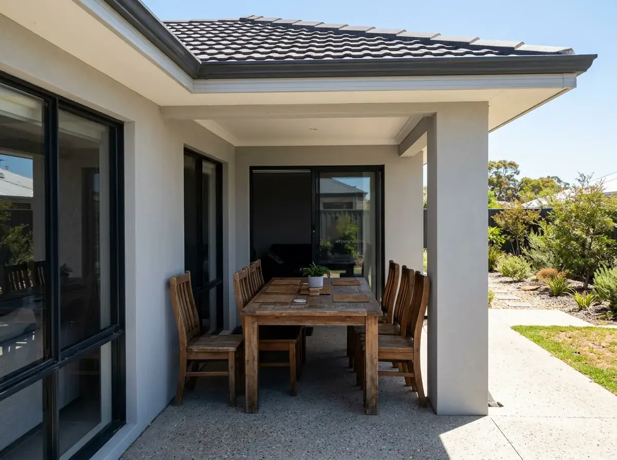 An existing alfresco recessed under the main roof of a Perth home, a six seat timber dining setting filling it wall to wall with no room to walk around it, and full sun on the paving beyond