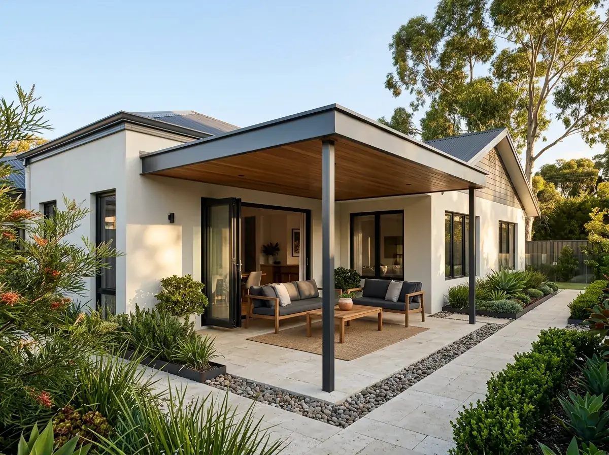Attached flat roof patio bolted to the wall of a rendered Perth home, the level roofline sitting below the house's own roof over a paved lounge