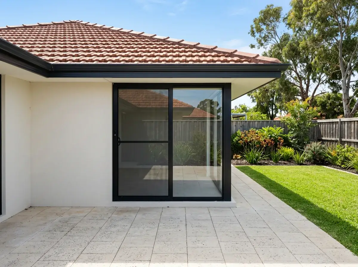 The rear of a Perth home with a very low tiled eave, the gutter sitting close above the sliding door with almost no height between them, and the paving below completely empty