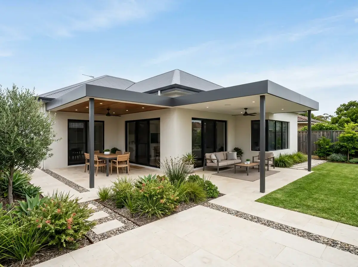 An L shaped custom flat roof patio wrapping the rear corner of a rendered Perth home, one level roofline running down both walls over limestone paving