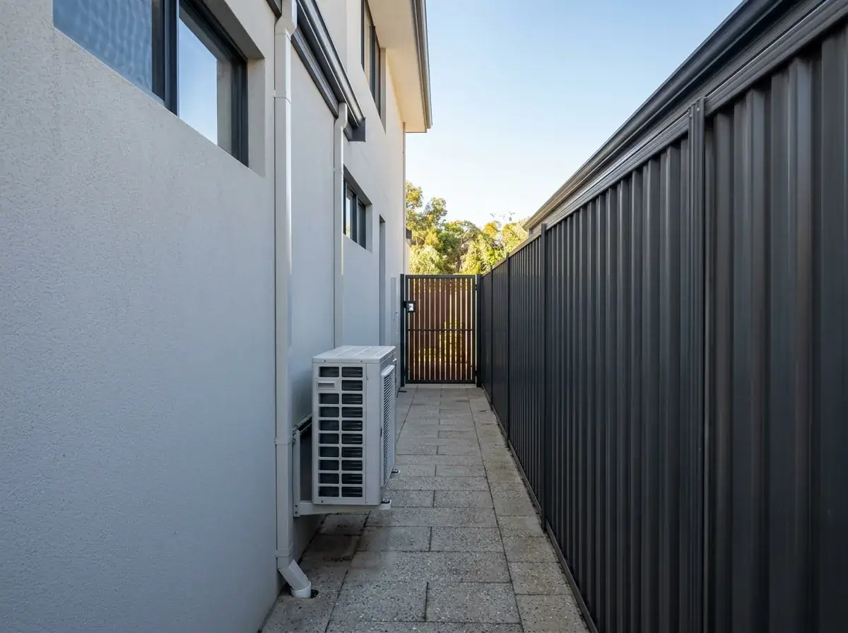 A side passage barely a metre wide between a rendered house wall and a Colorbond boundary fence, narrowed further by an air conditioning unit and a downpipe, with a gate at the far end