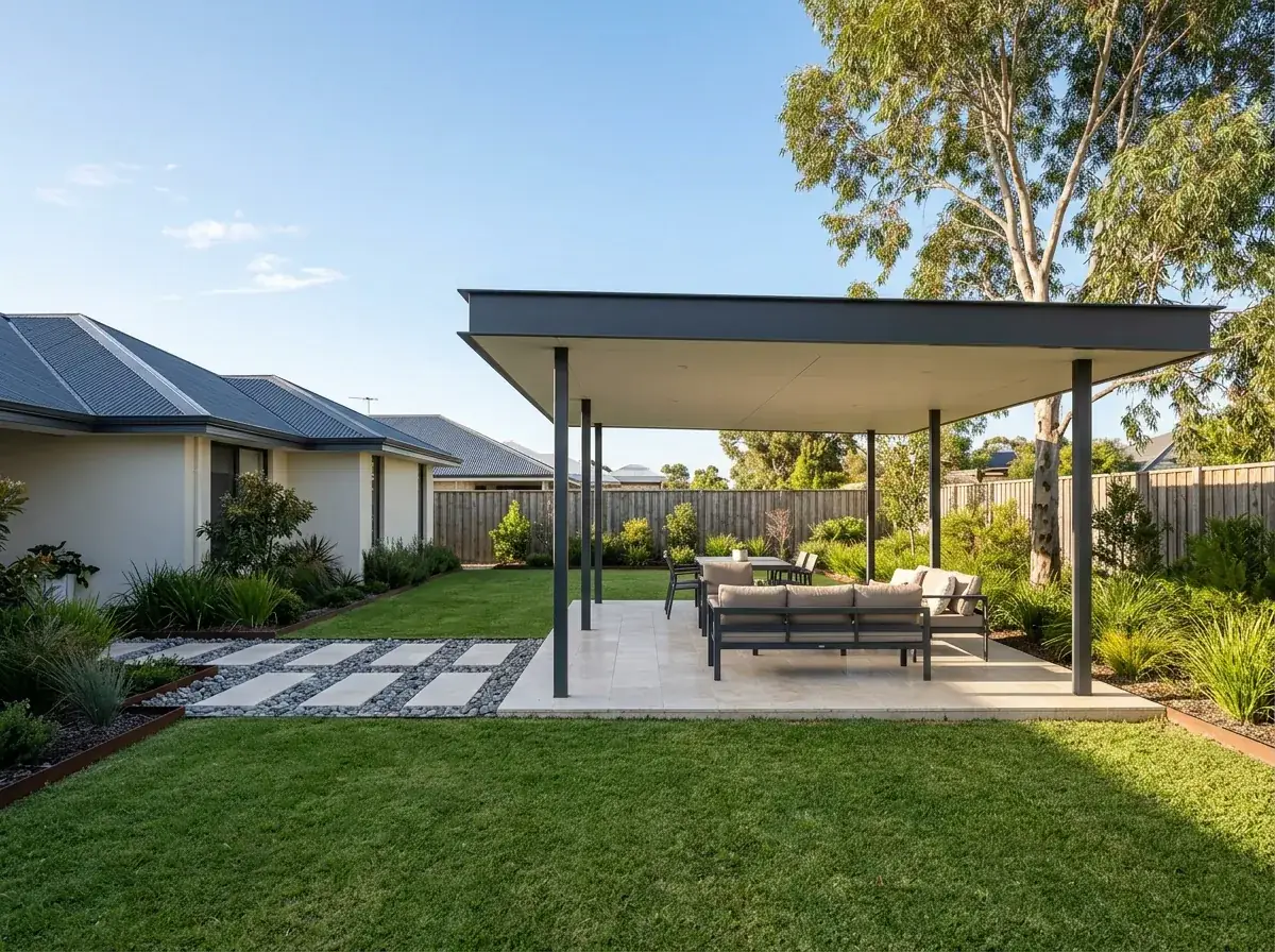 Freestanding flat roof patio standing clear in a Perth backyard on four steel posts, open sky and lawn between it and the house