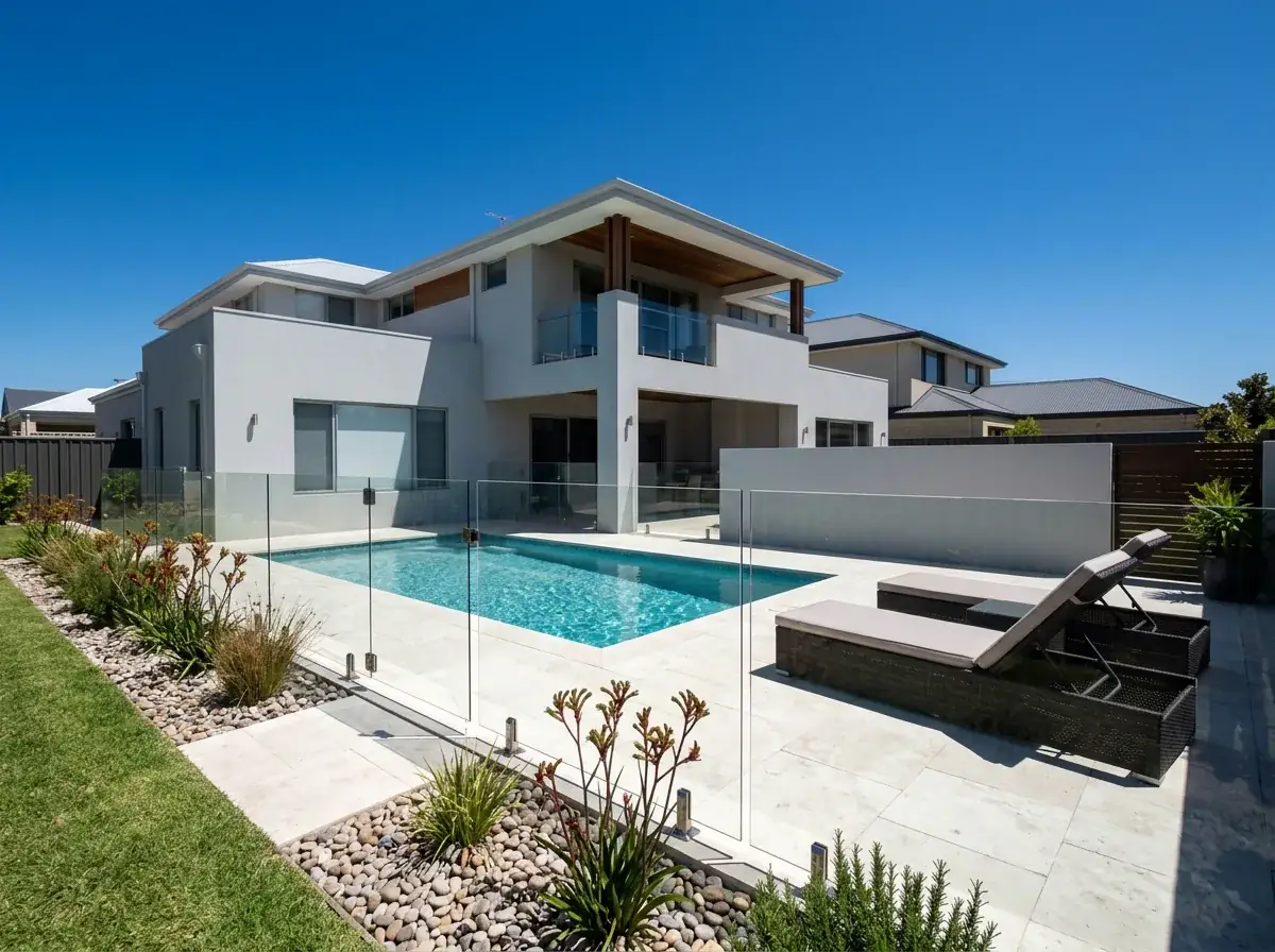 A swimming pool behind a frameless glass barrier at a rendered Perth home, the paved surround completely open with no roof, umbrella or shade of any kind over it in hard summer sun