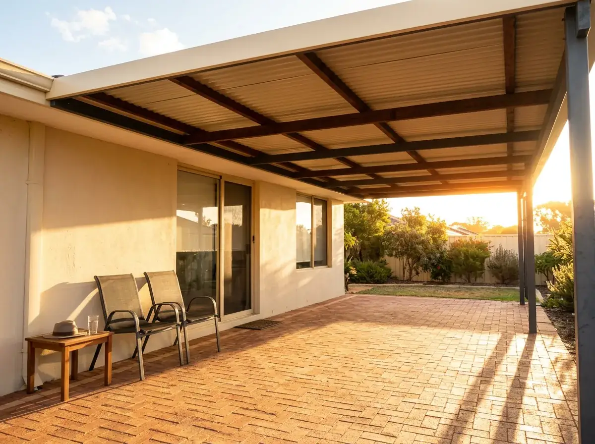 Low afternoon sun driving in horizontally beneath an existing single skin Colorbond patio roof, the ribbed underside and bare purlins visible, two chairs pushed back against the wall in the last strip of shade