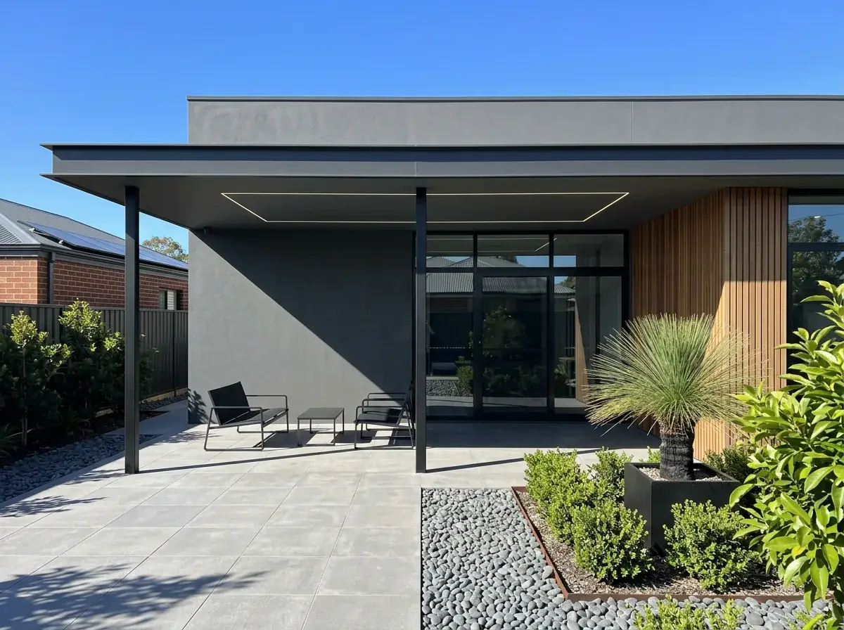 Modern flat roof patio on a charcoal rendered Perth home, knife edge roofline on slender black posts over large format pavers