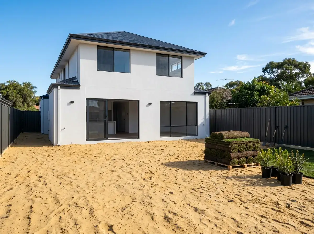 A newly finished rendered Perth home with black window frames, the rear yard still bare sand with rolls of turf stacked ready to lay and potted shrubs waiting against the fence