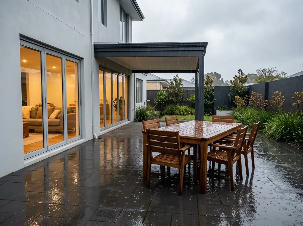 Rain falling on a paved entertaining area, a timber dining setting left standing out in the open well past the edge of the existing patio roof with puddles forming around it