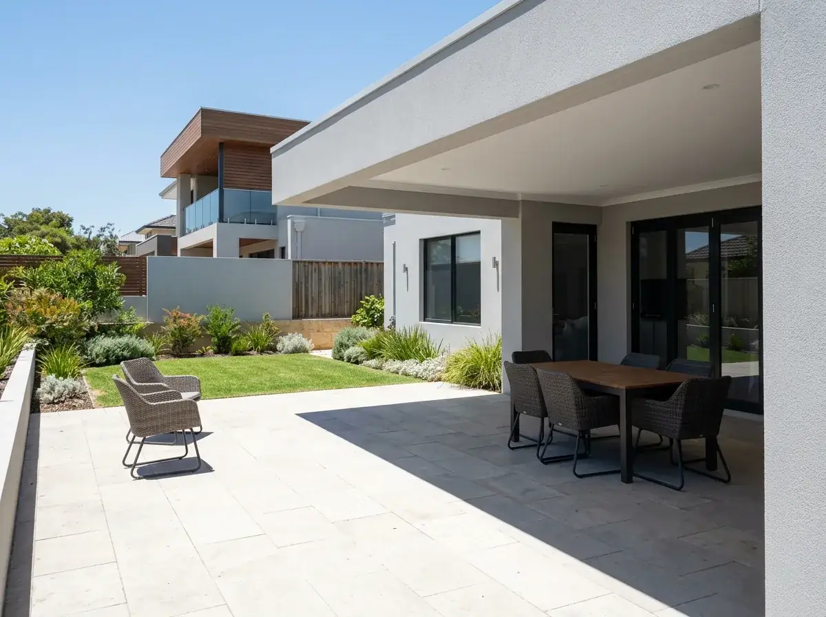 An existing patio roof stopping short of the paving, a dining setting under cover near the house and chairs stranded beyond the roof edge in full sun, with a hard shade line across the middle