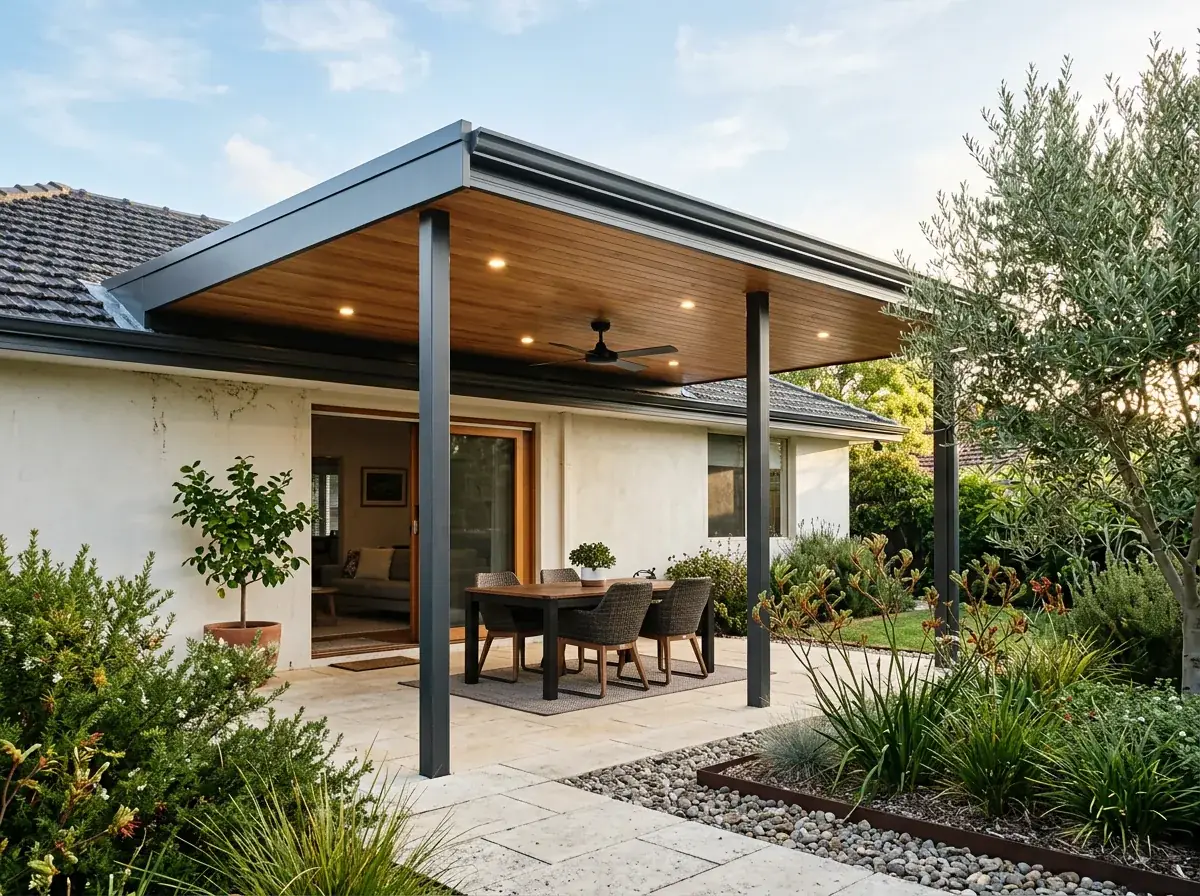 Renovated flat roof patio on an established Perth home, new timber lined ceiling and new posts under a crisp level roofline