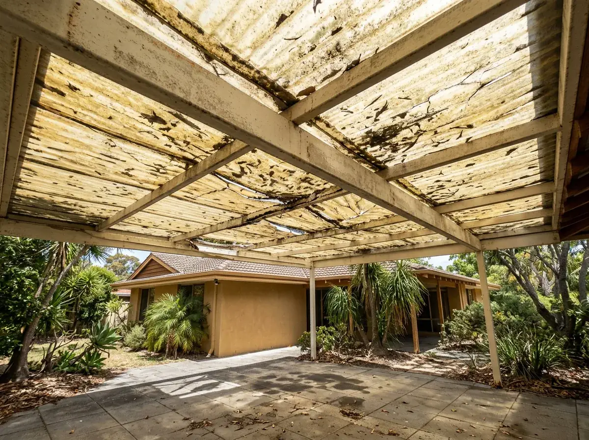 The underside of an ageing polycarbonate patio roof, the sheets yellowed and crazed with cracks between the faded beams and leaf litter caught on top of them