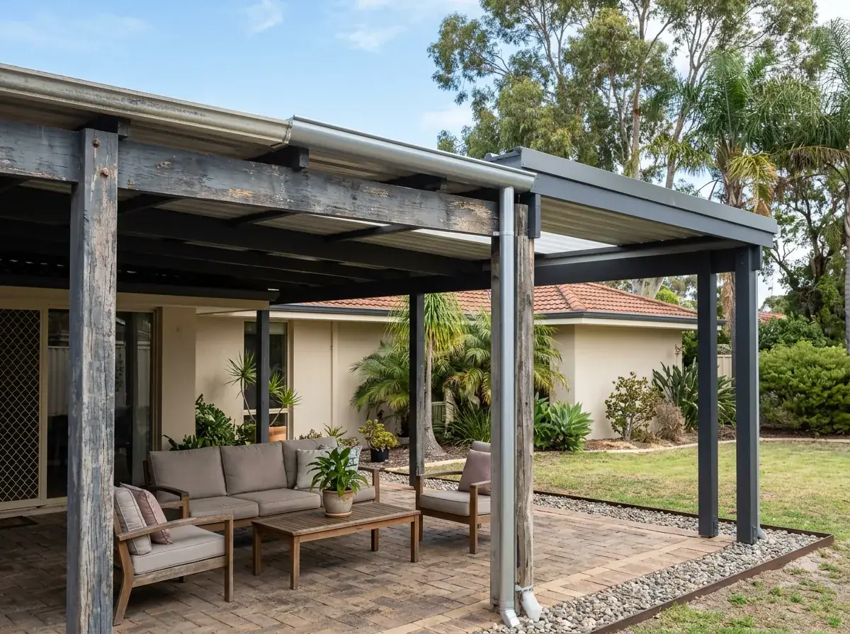 A repaired flat roof patio on an established Perth home, weathered original timber posts and beams alongside a brand new charcoal steel post, beam and roof section, the gutter running true again