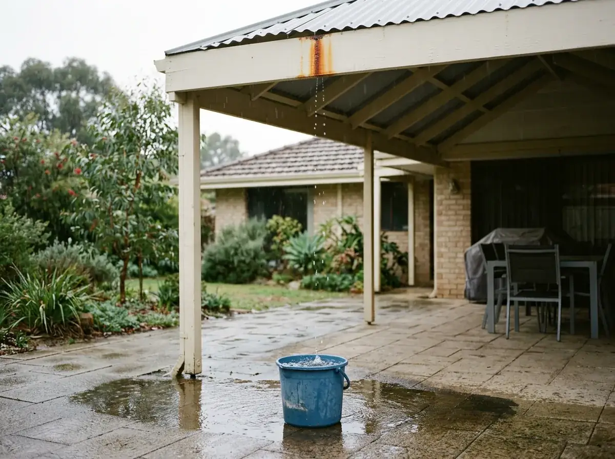 Water dripping from the underside of a patio roof into a bucket on the paving, a rust stain running down the beam above and a wet patch spreading across the pavers