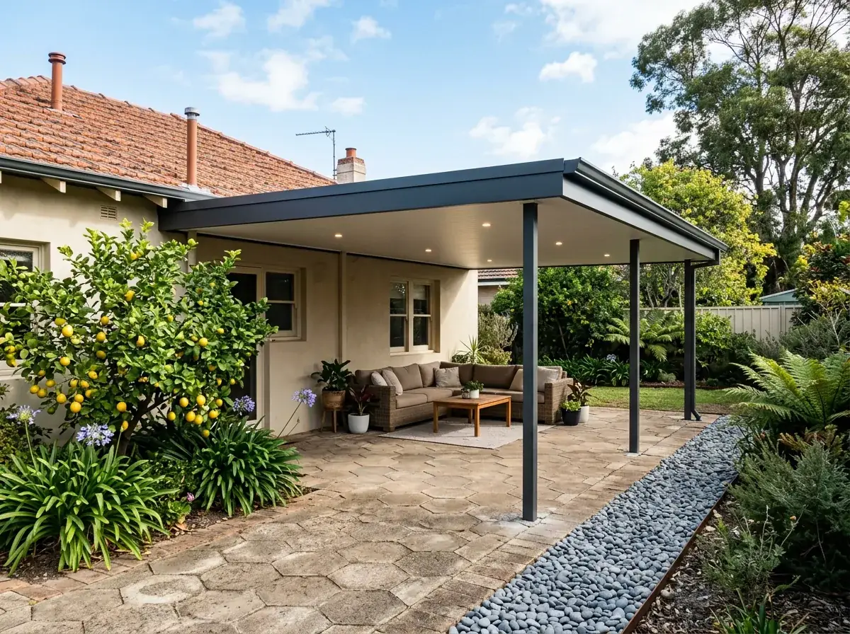 Replacement flat roof patio at an established Perth home, a new level roofline and new posts standing over the original paving